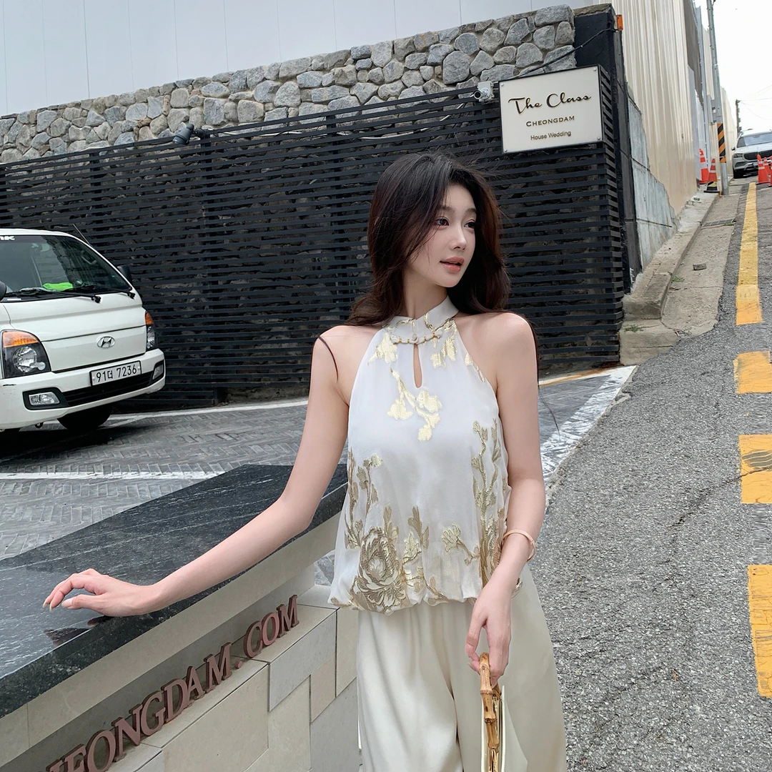 “金玉瓷”夏天矜贵系美女我先当！高级真丝织金国风挖肩花苞上衣