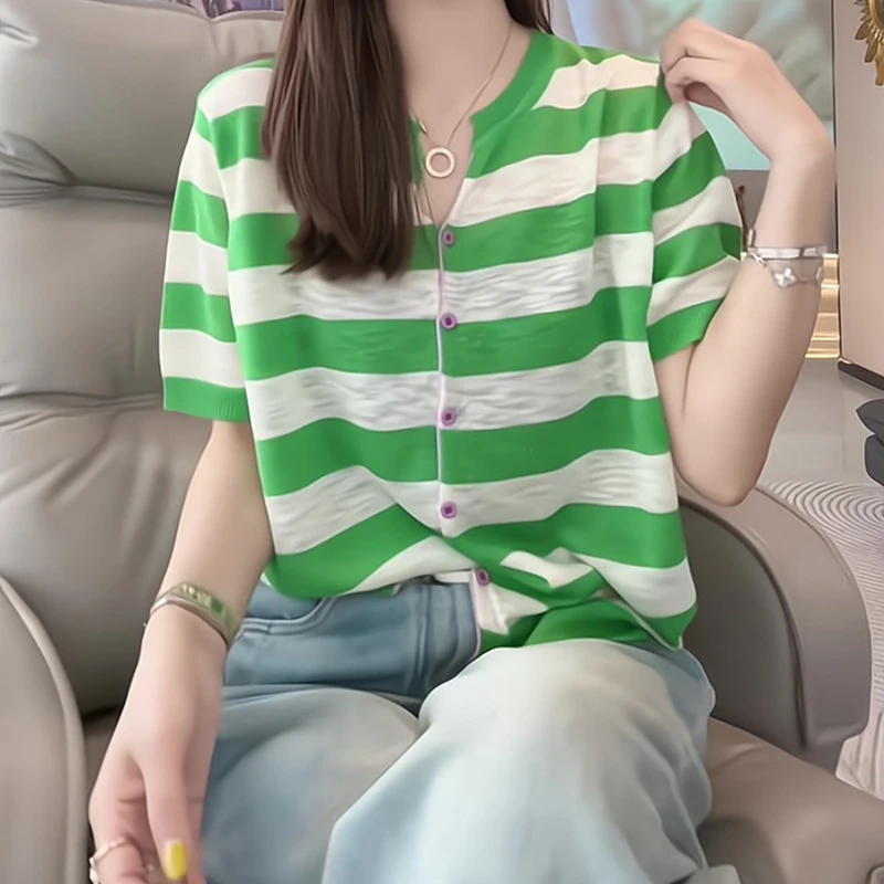 美式撞色V领短袖条纹t恤女2025夏季新款休闲时尚洋气爆款减龄上衣