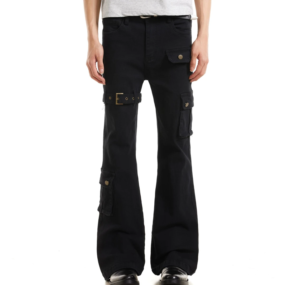 ZLAYCO夏季黑色vibe绑带男女微喇牛仔裤cleanfit美式高街长裤