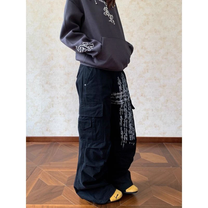 美式复古多口袋字母印花褶皱工装休闲裤男女宽松直筒百搭阔腿长裤