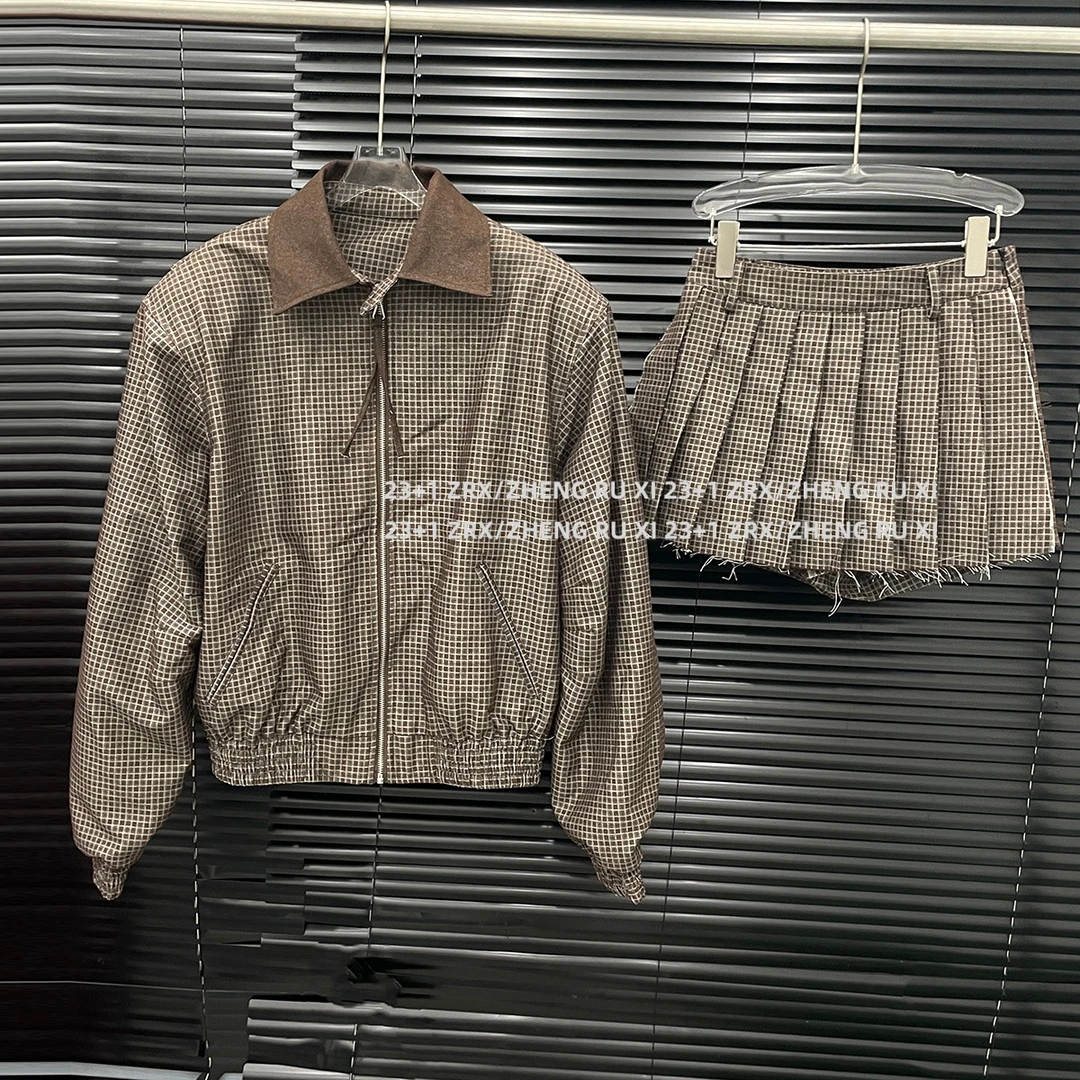 付新博女装老钱风时尚套装女复古格子短外套+百褶短裙两件套15085