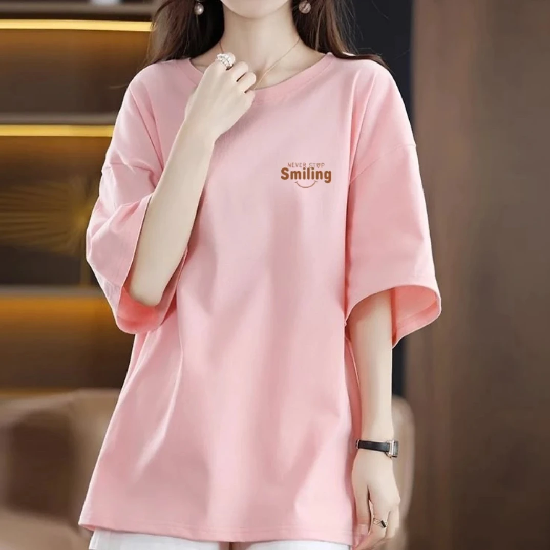 粉色纯棉短袖T恤女夏季欧货宽松大码中长款时尚百搭减龄孕妇上衣