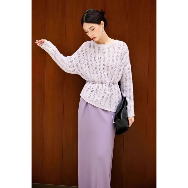 2025年秋季圆领紫色套头针织衫镂空长袖韩系罩衫百搭紫色吊带裙套