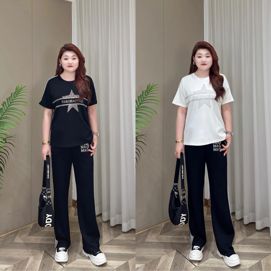 【上新套装】PMM81973+PMM81974夏季新款烫钻简约休闲风显瘦套装