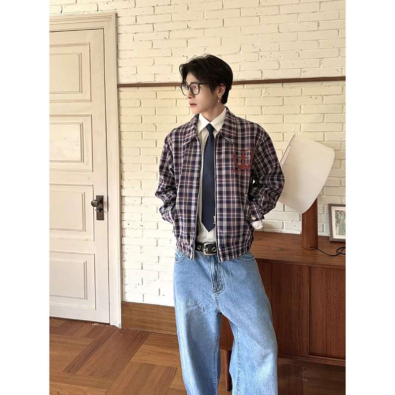 SKBD“气象”  复古格纹刺绣夹克外套宽松翻领短款外套男