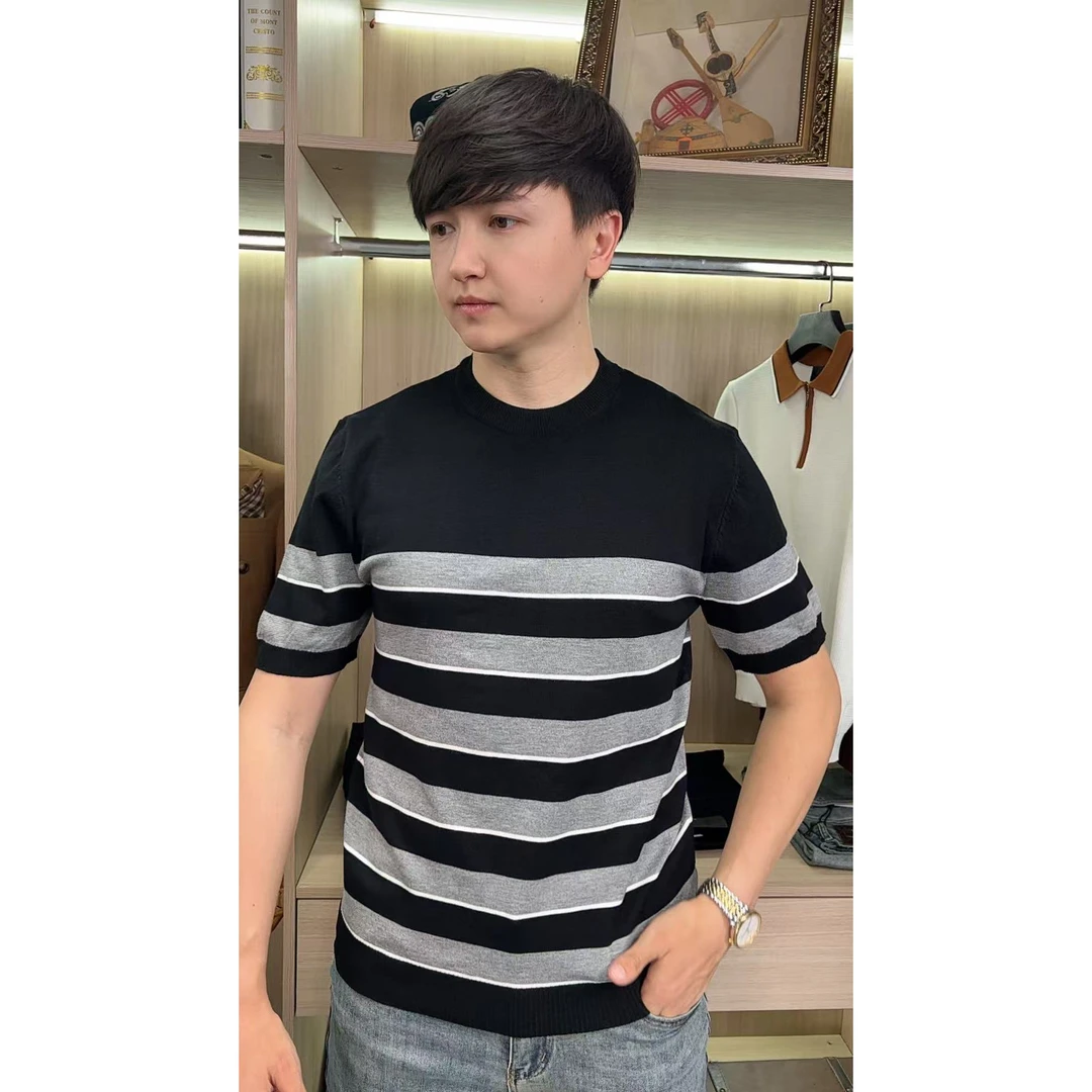 2025夏季百搭休闲短袖黑白条纹男士圆领针织高品质潮流高级感男装