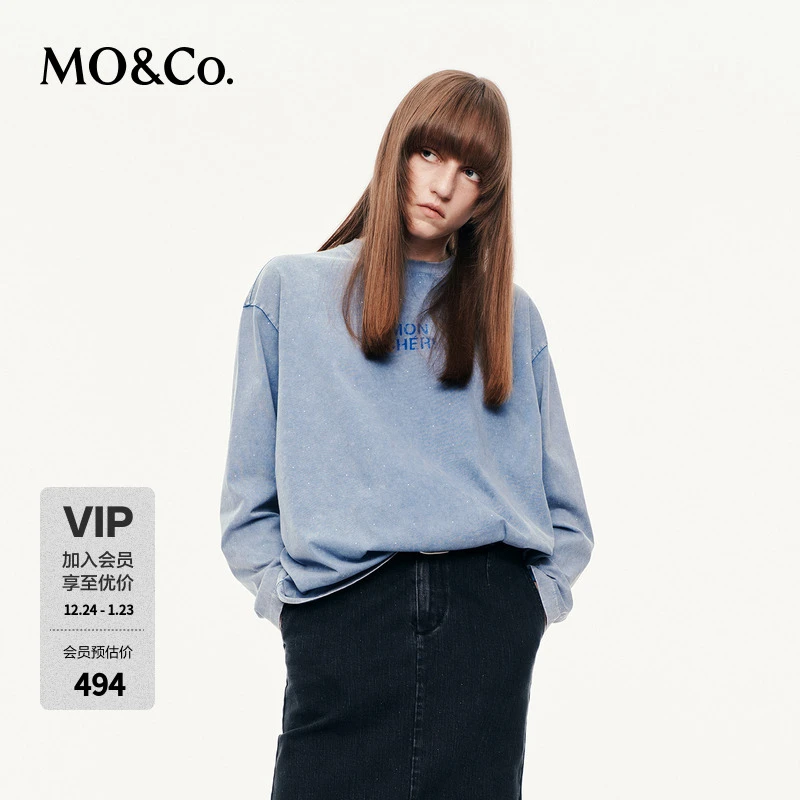 MOCOT恤2025秋新品棉质做旧洗水植绒印花烫钻宽松长袖MBE3TEET09