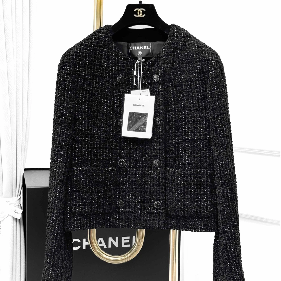 99新 Chanel/香奈儿 36码22B秋冬预告黑色双排扣粗花呢外套