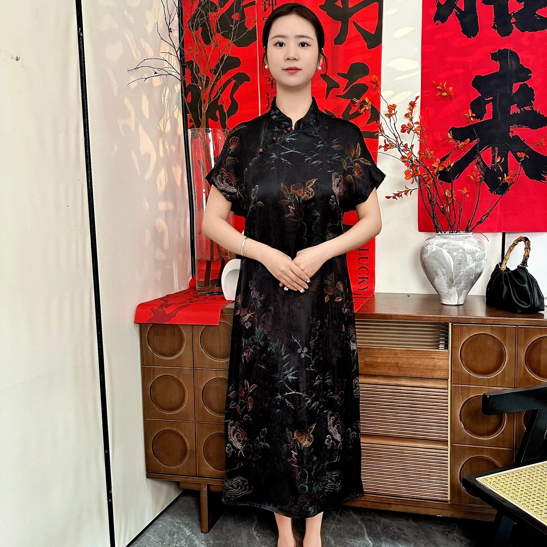 新款中式高端气质立领斜襟盘扣提花夏季短袖连衣裙