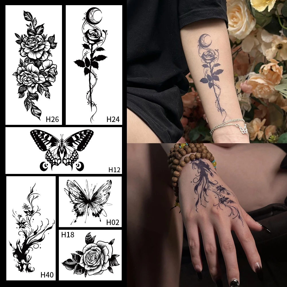 爆款超级酷妹高颜值防水持久草本纹身贴逼真不反光花朵蝴蝶女
