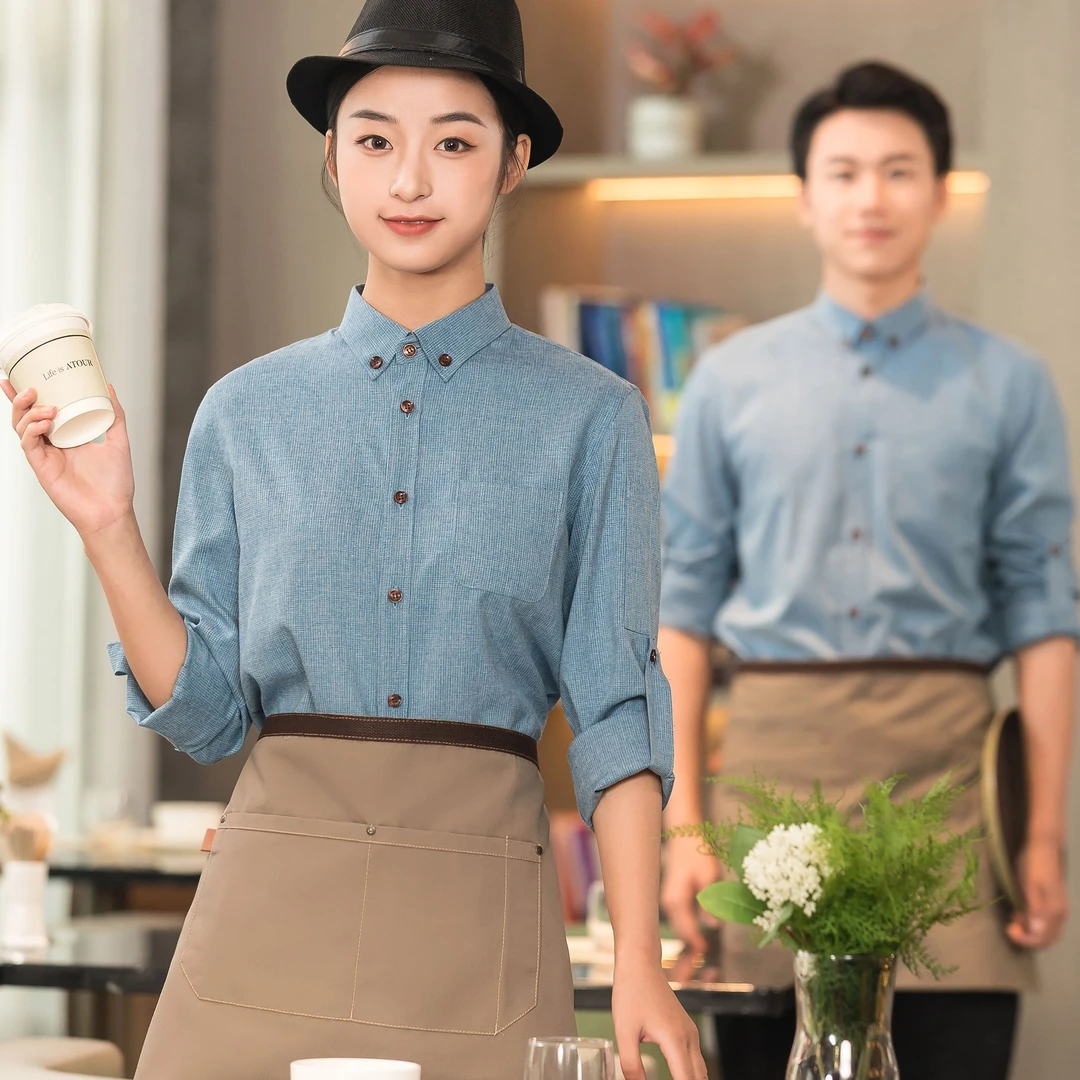 餐饮服务员工作服长袖女定制饭店咖啡西餐厅蛋糕店衬衣夏装短袖男