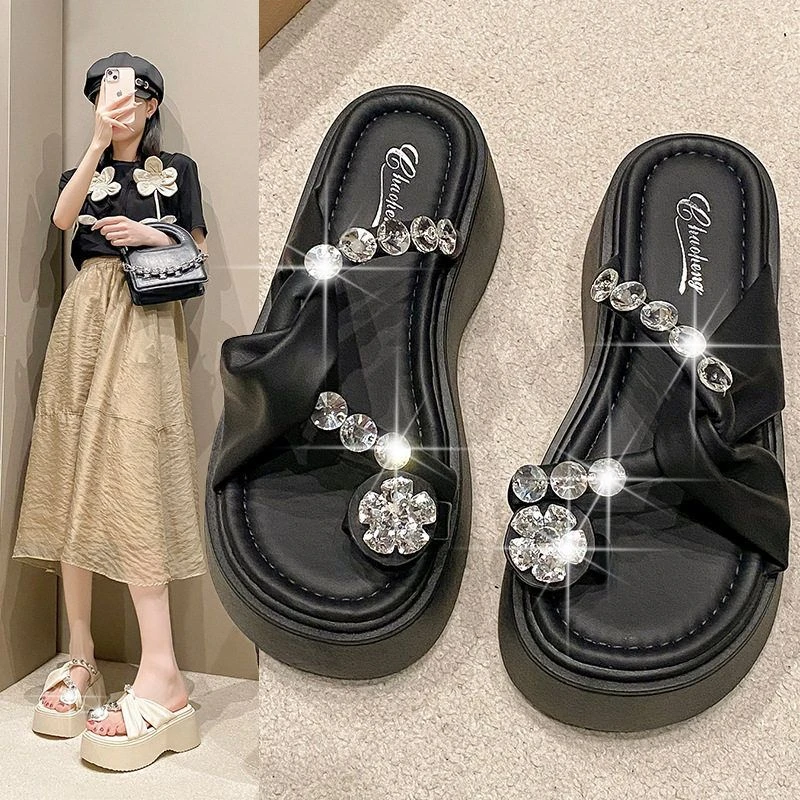 增高法式绝美拖鞋女夏季外穿时尚2025新款感水钻套趾夹脚厚底凉拖