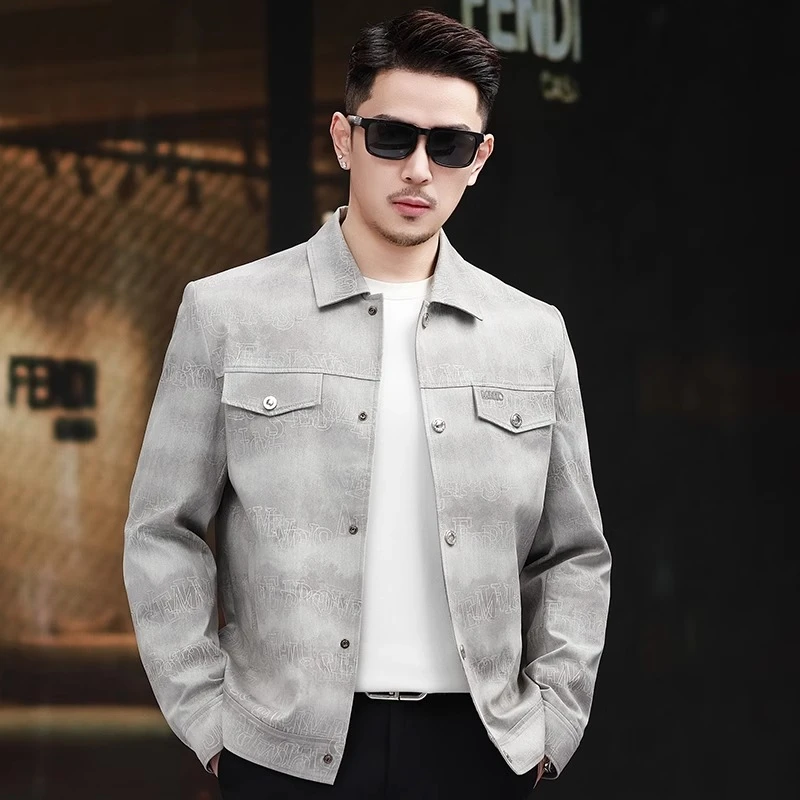 春秋季新款工装夹克字母印花翻领牛仔休闲外套中年男士高端上衣