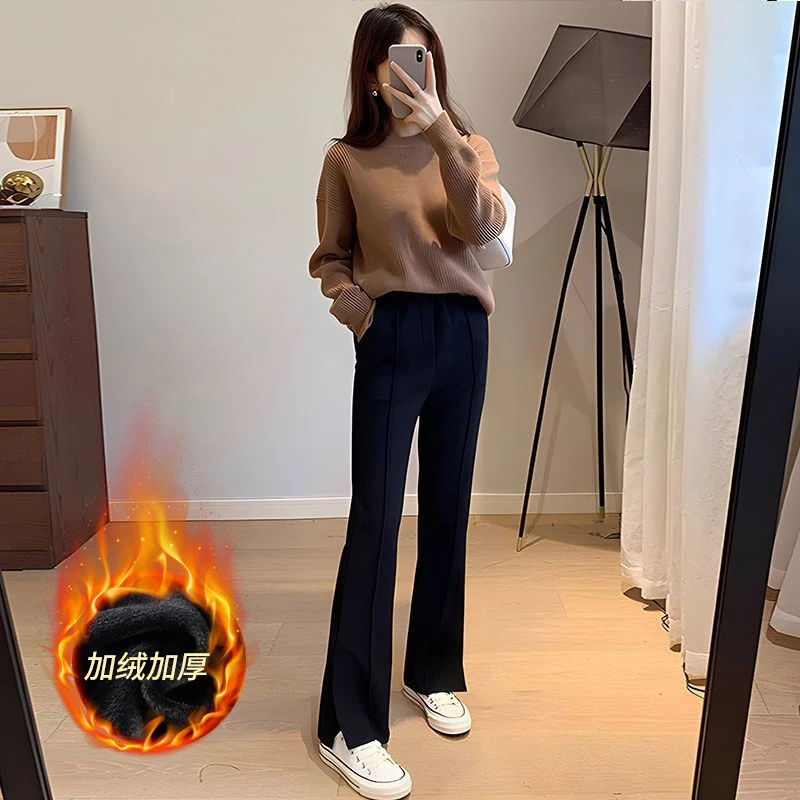 秋冬九分喇叭裤女高腰显瘦韩版微喇休闲裤加绒开叉黑色弹力长裤子