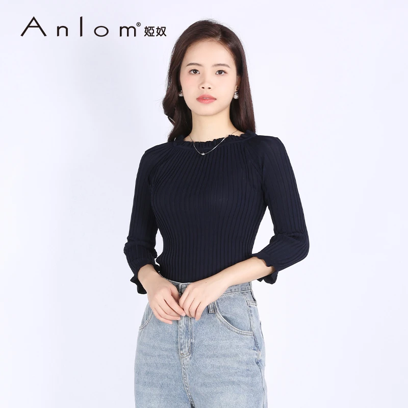 Anlom/娅奴夏季中袖新款圆领休闲针织衫通勤上衣女纯色套衫