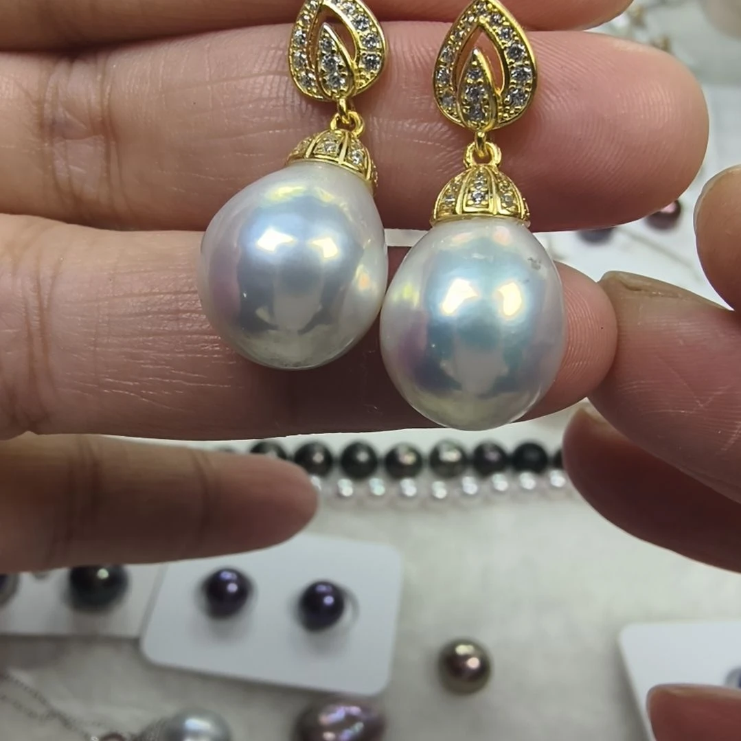 淡水珍珠耳饰银S925镶嵌极光巴洛克珍珠耳坠E005