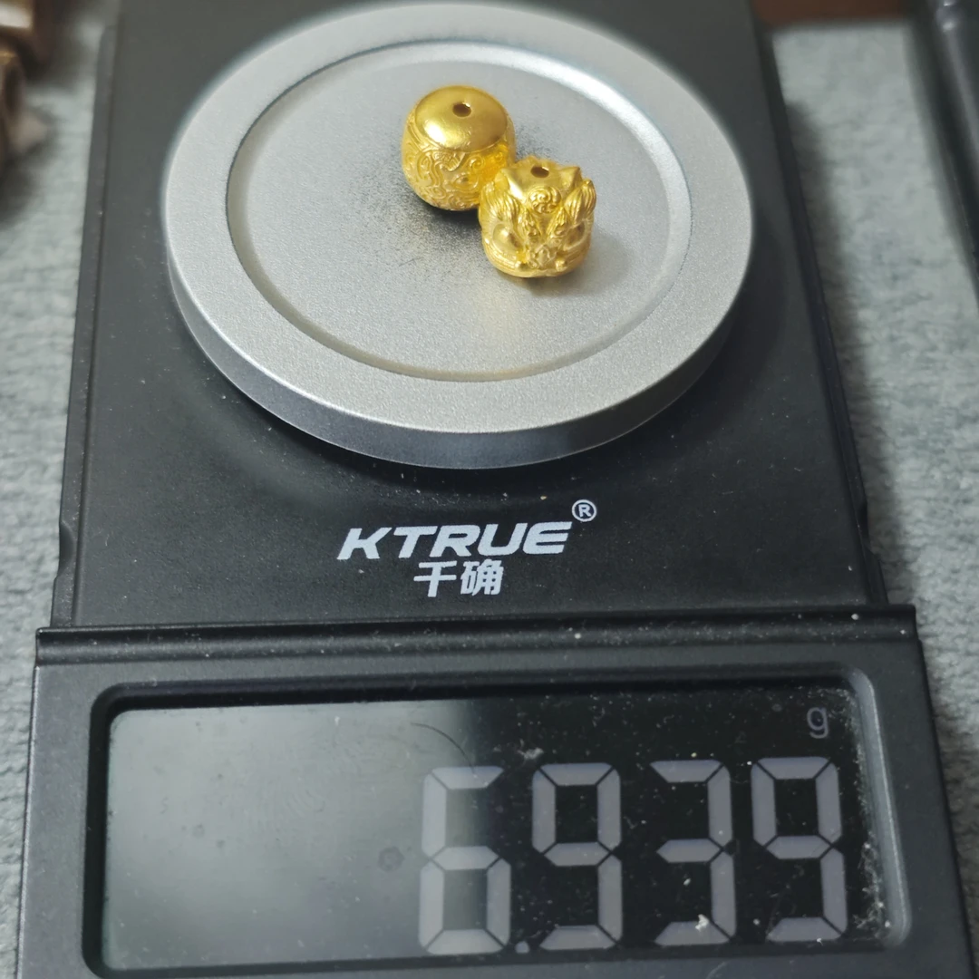 足金999醒狮饕餮珠黄金文玩配饰