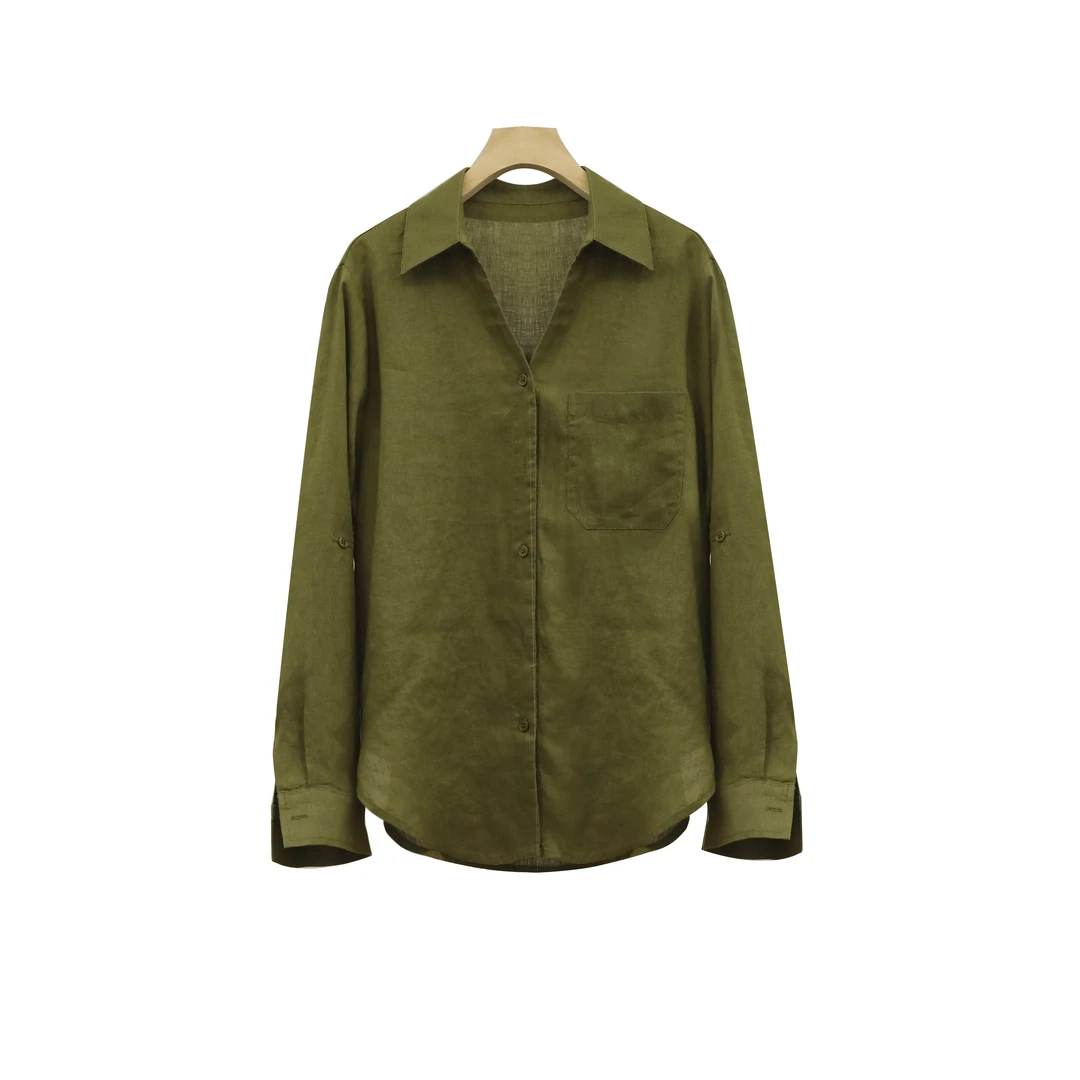 原创 雨露亚麻文艺休闲V领休闲风衬衫百搭时尚长袖衬衫