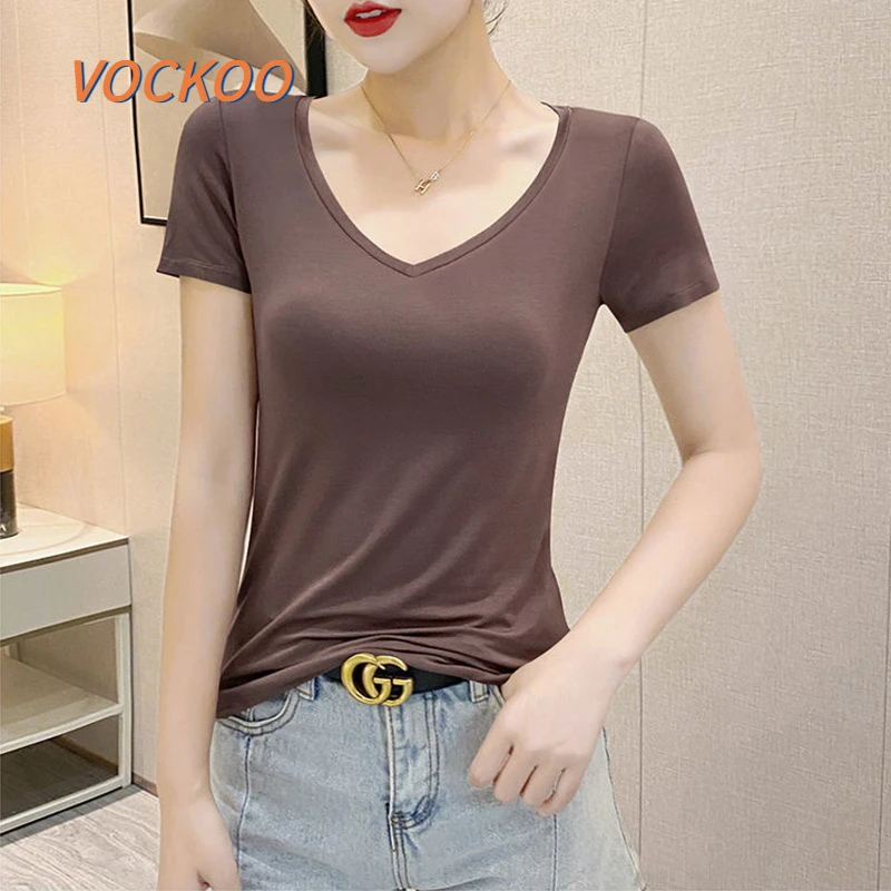 VOCKOO冰丝打底衫女内搭短袖t恤2025夏季V领新款百搭洋气上衣潮牌