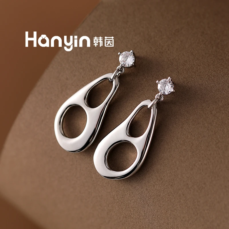 铜合金合成锆石耳饰 925银针气质光面微镶几何设计流苏耳钉AAA