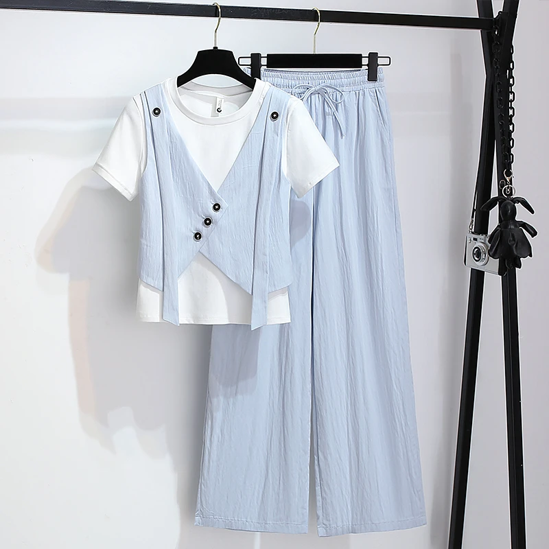 宽松运动假两件短袖t恤配阔腿裤女2025夏季新款洋派减龄两件式套