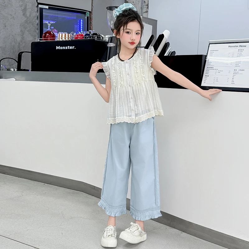 女童套装洋气夏季2025新款中大童花边直筒九分裤夏季韩版时尚夏装