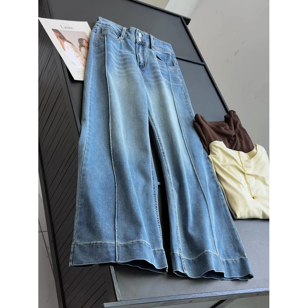 蓝色压线牛仔裤秋季新款高弹显瘦直筒阔腿裤
