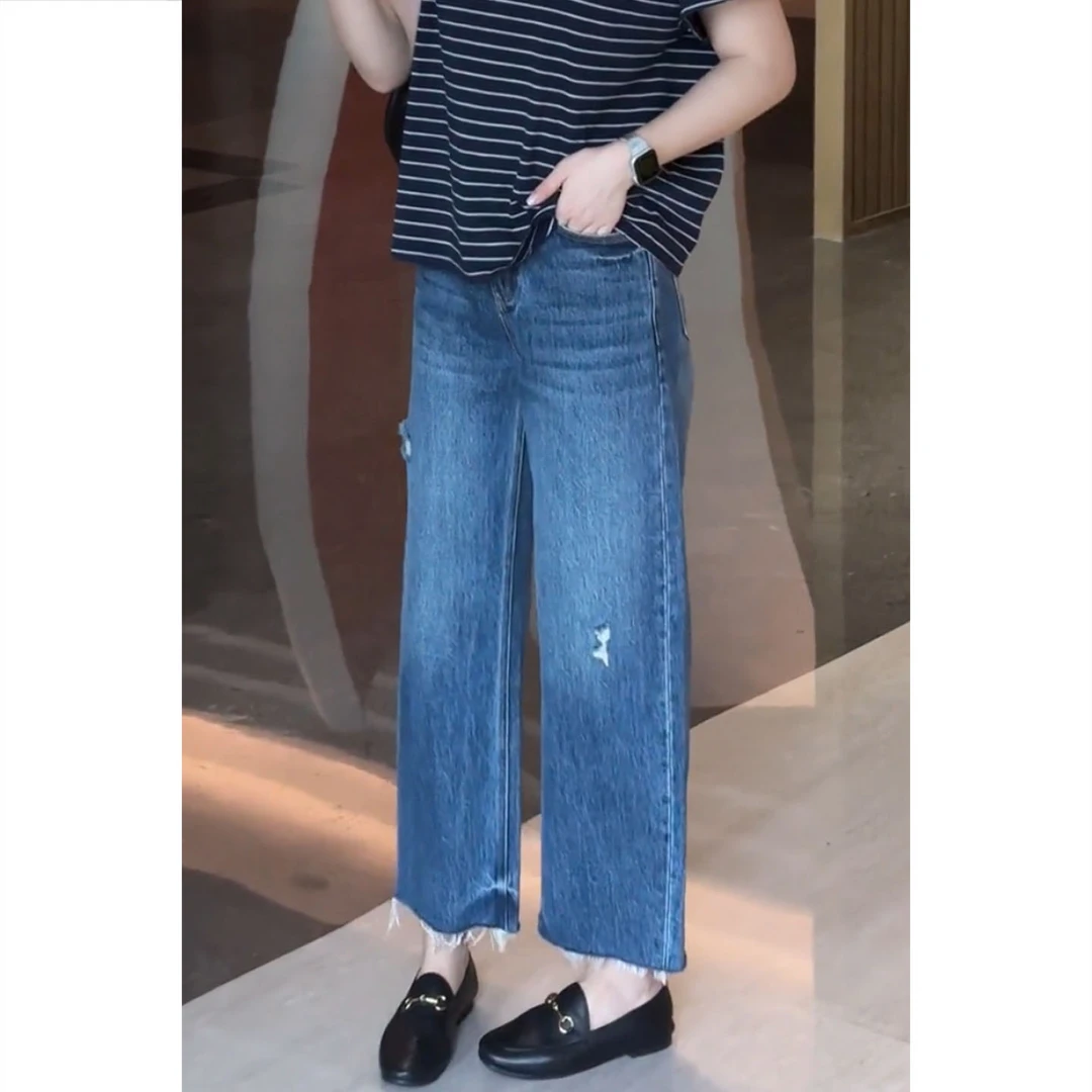 艾塔莉早秋新款高腰直筒裤阔腿裤牛仔裤复古百搭破洞毛边女裤大码