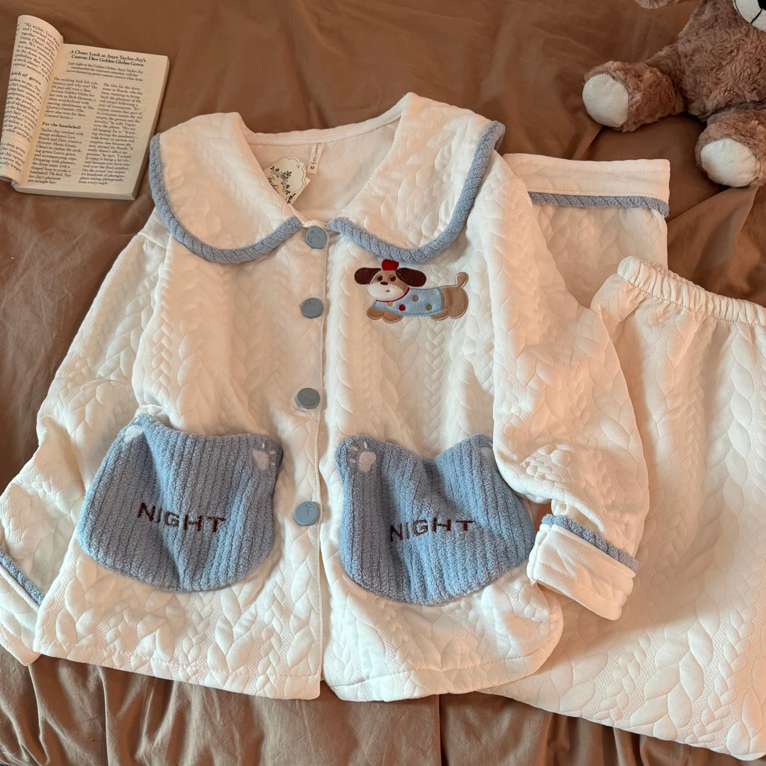 2025新款睡衣女春秋冬季长袖夹层大码蓝口袋小狗套装家居服