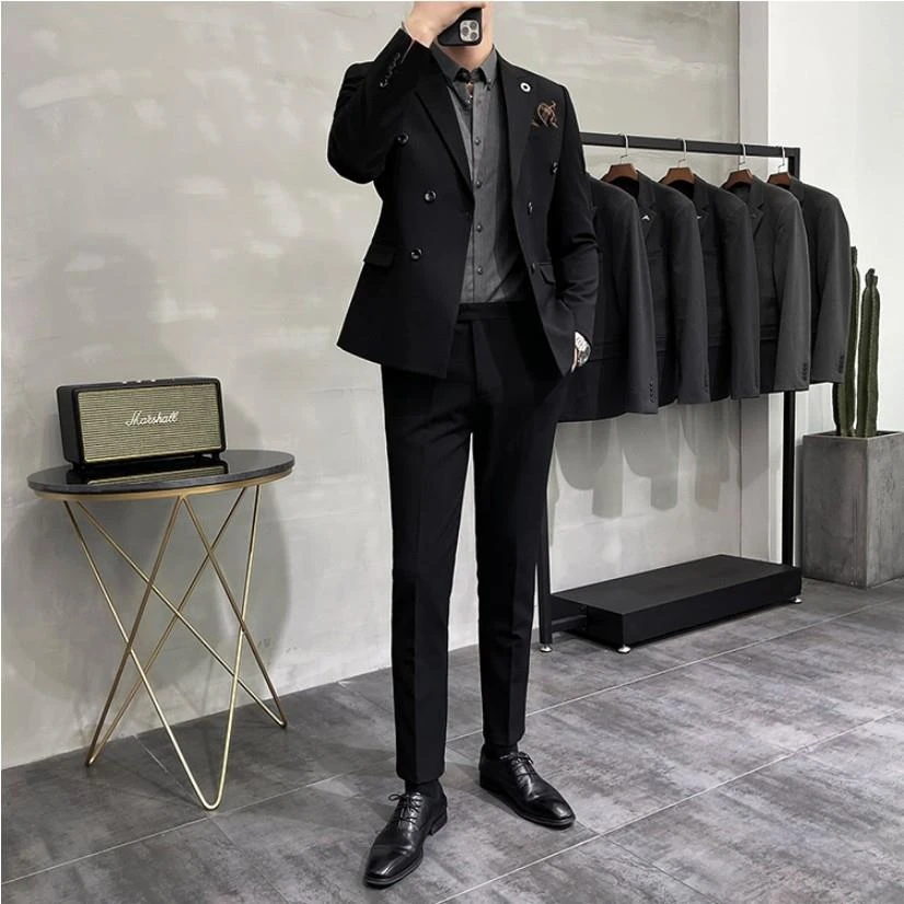 范哲萨秋季痞帅双排扣休闲小西装外套男士韩版修身西服套装新郎结