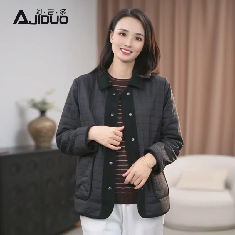 阿吉多黑色长袖外套女秋季新款复古高级大码夹克洋气宽松妈妈上衣