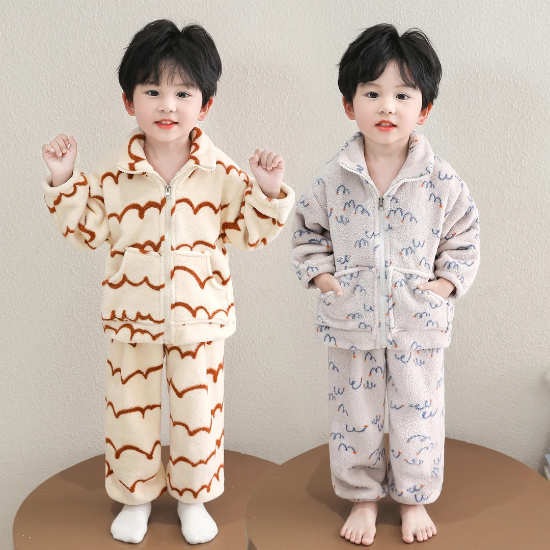 冬季加厚保暖男童家居服套装儿童加绒立领拉链珊瑚绒男孩宝宝睡衣