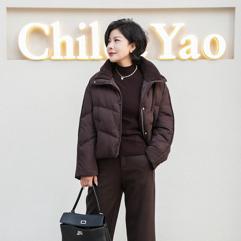 Childe Yao90%鹅绒极简短款羽绒服拼接绵羊毛翻领保暖外套604035