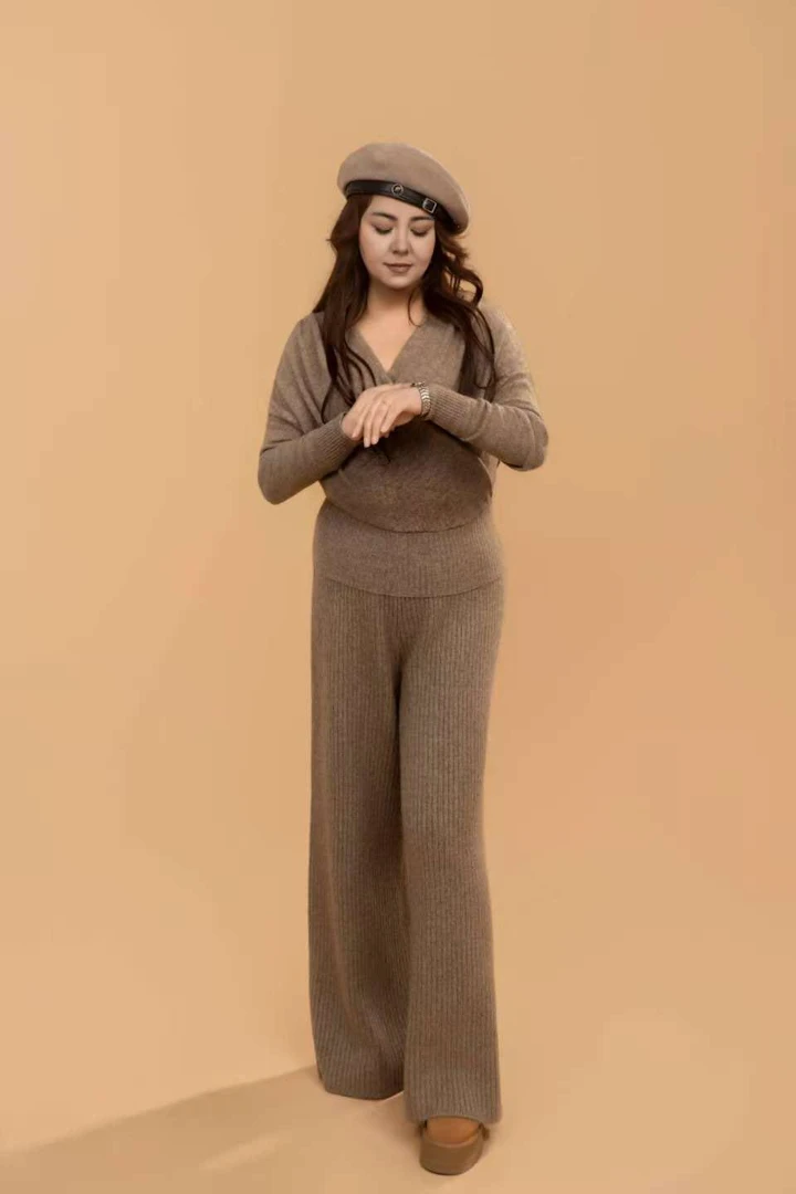 拼接加厚中腰长裤冬季通勤休闲裤休闲阔腿裤绒裤直筒