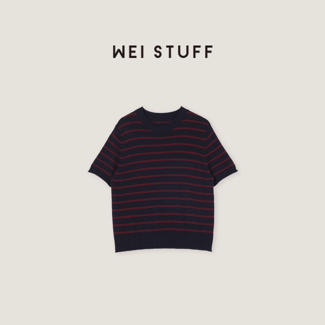 WEI STUFF 春季条纹时尚简约百搭休闲条纹撞色短袖针织衫 8876