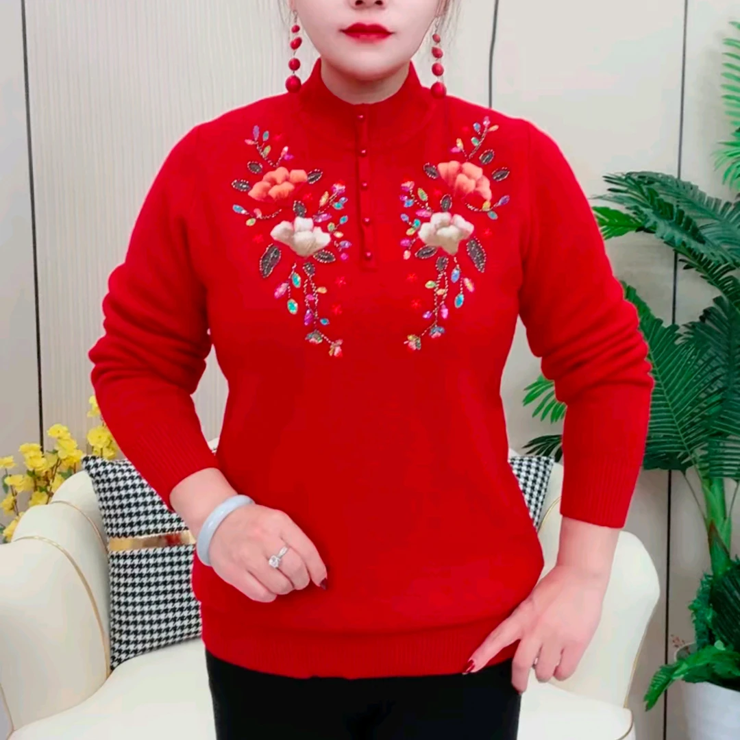 轻奢风刺绣碎花轻职风中老年女装保暖打底衫女士