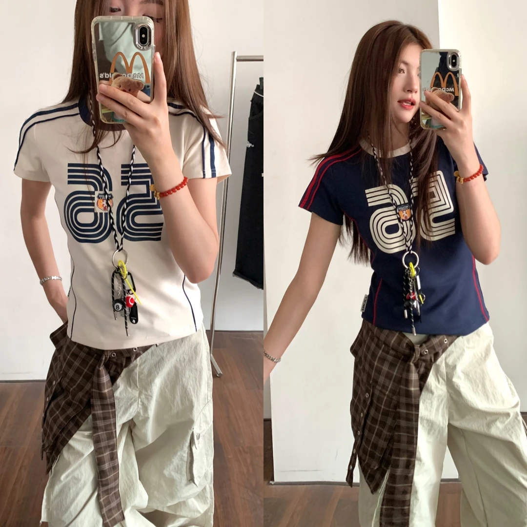 AMER 美式明线复古运动修身显瘦字母百搭简约风小短T女