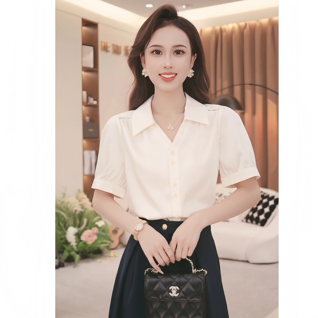 法式轻熟风高级感V领显瘦泡泡袖衬衫女2025夏新款设计感时尚别致