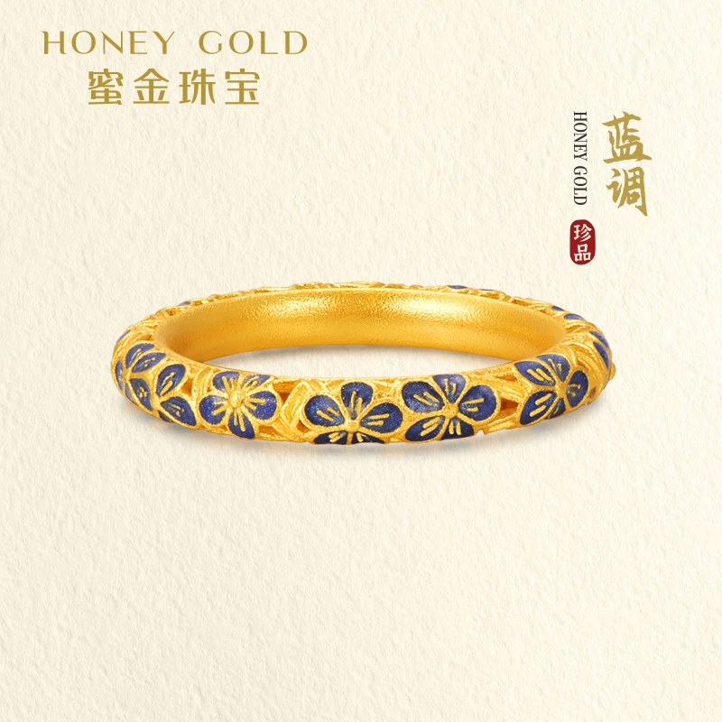 蜜金珠宝黄金指环足金古法珐琅蓝调戒指HGH1667工费210Y