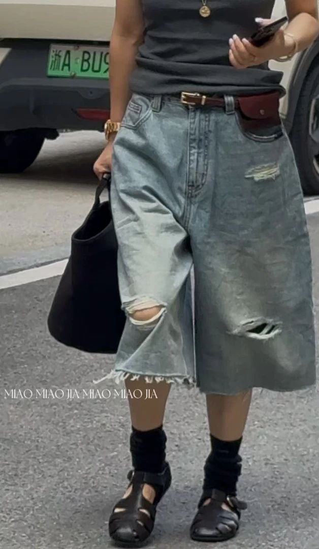 /苗苗家/『探险家』欧货洋气撕破边时尚女士破洞牛仔五分裤