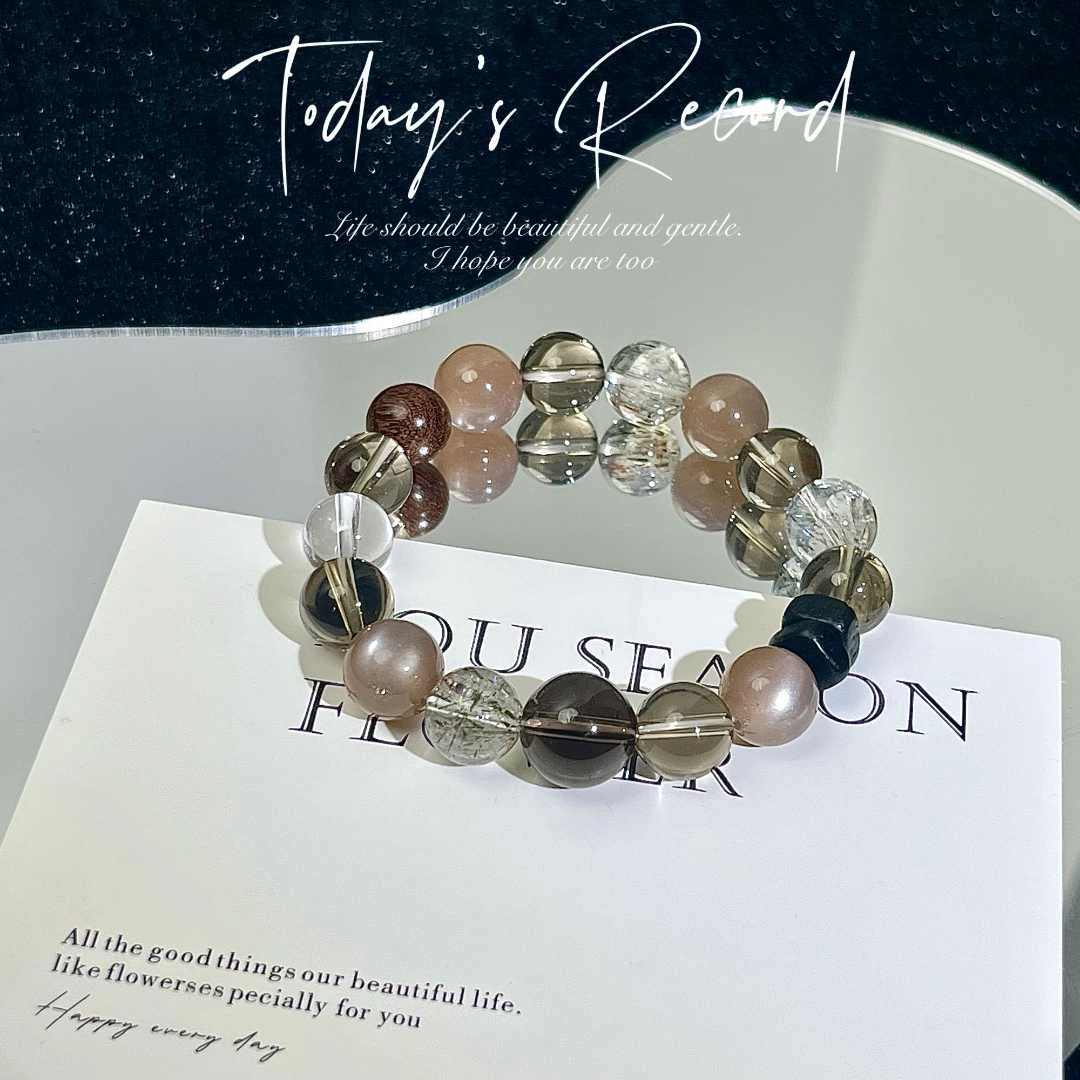 天然 卡10 茶水晶 奶茶月光 白水晶 黑金超七 金丝隔片 原创手串