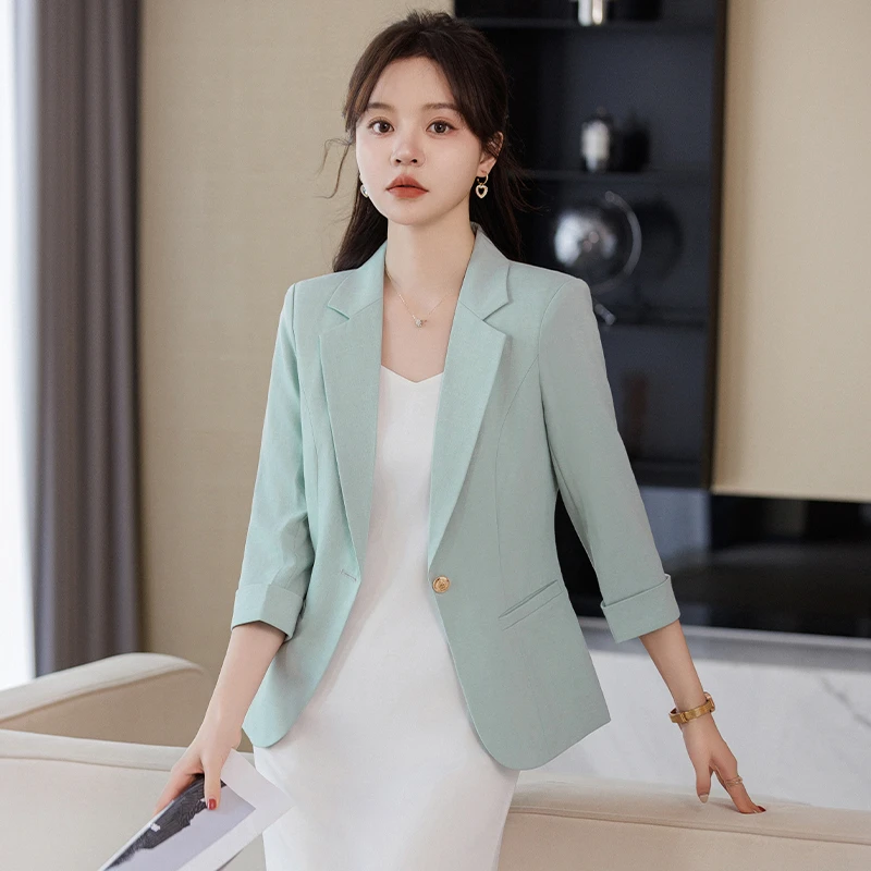 休闲小西装外套女夏季薄款韩版气质七分袖收腰短款高级感西服外套