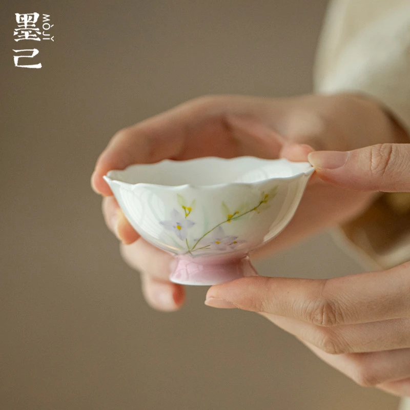 墨己仿宋花口高足茶杯手绘釉下彩家用陶瓷主人杯茶具品茗杯迷芳