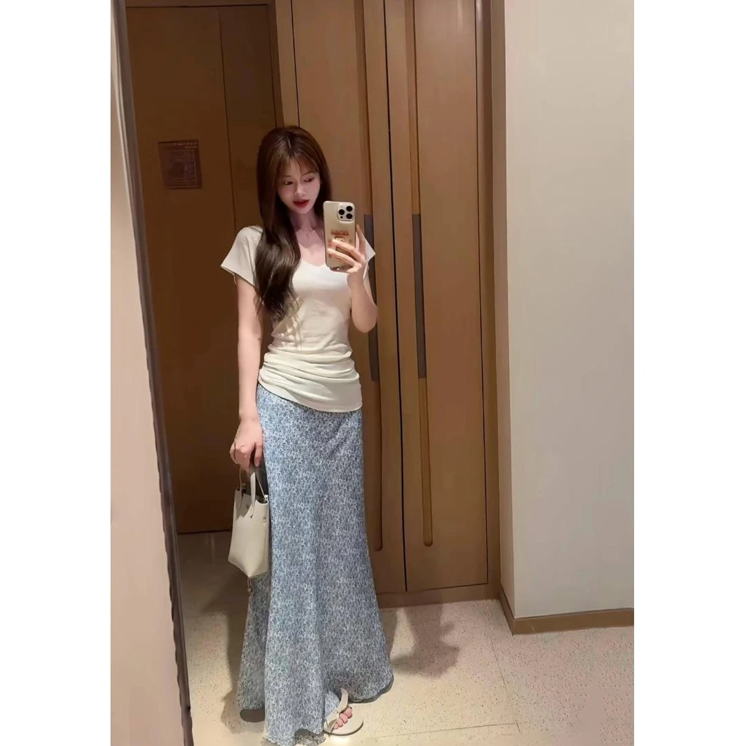 夏季法式甜美风套装基础款领短袖恤女碎花鱼尾半身裙长裙两件套