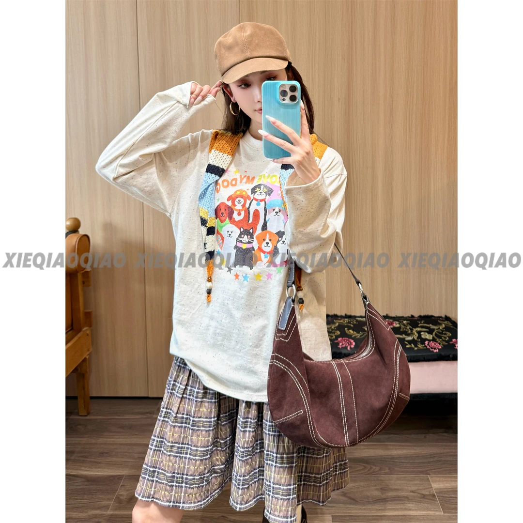 谢荞荞「旺旺派对」早秋新款卡通小狗图案宽松卫衣+针织披肩两件套