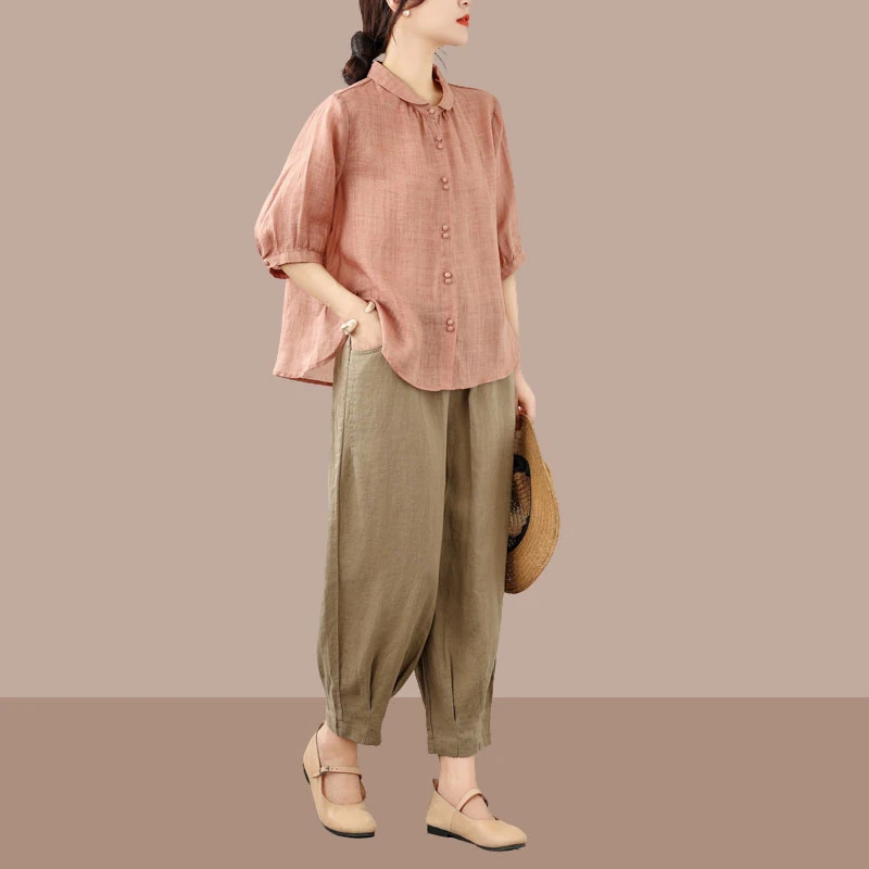 2025年休闲亚麻套装夏季新款时尚九分裤宽松遮肉显瘦洋气妈妈装