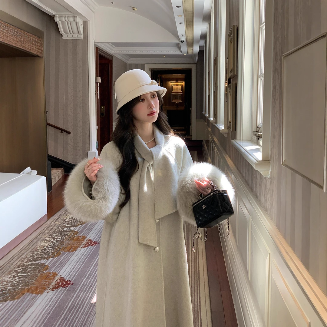 柔光霁月2025新款羊毛双面呢大衣女高级感加厚羊绒外套狐狸毛袖口