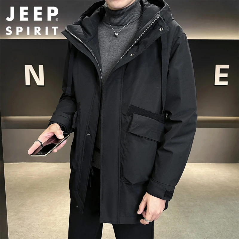 JEEPSPIRIT羽绒服男士中长款冬季连帽防寒鸭绒保暖加厚羽绒衣外套