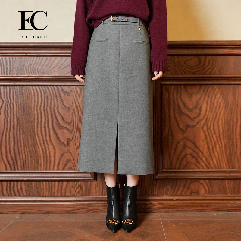 EAH CHANIE气质高腰显瘦直筒前开叉中长款半裙9818BJ303