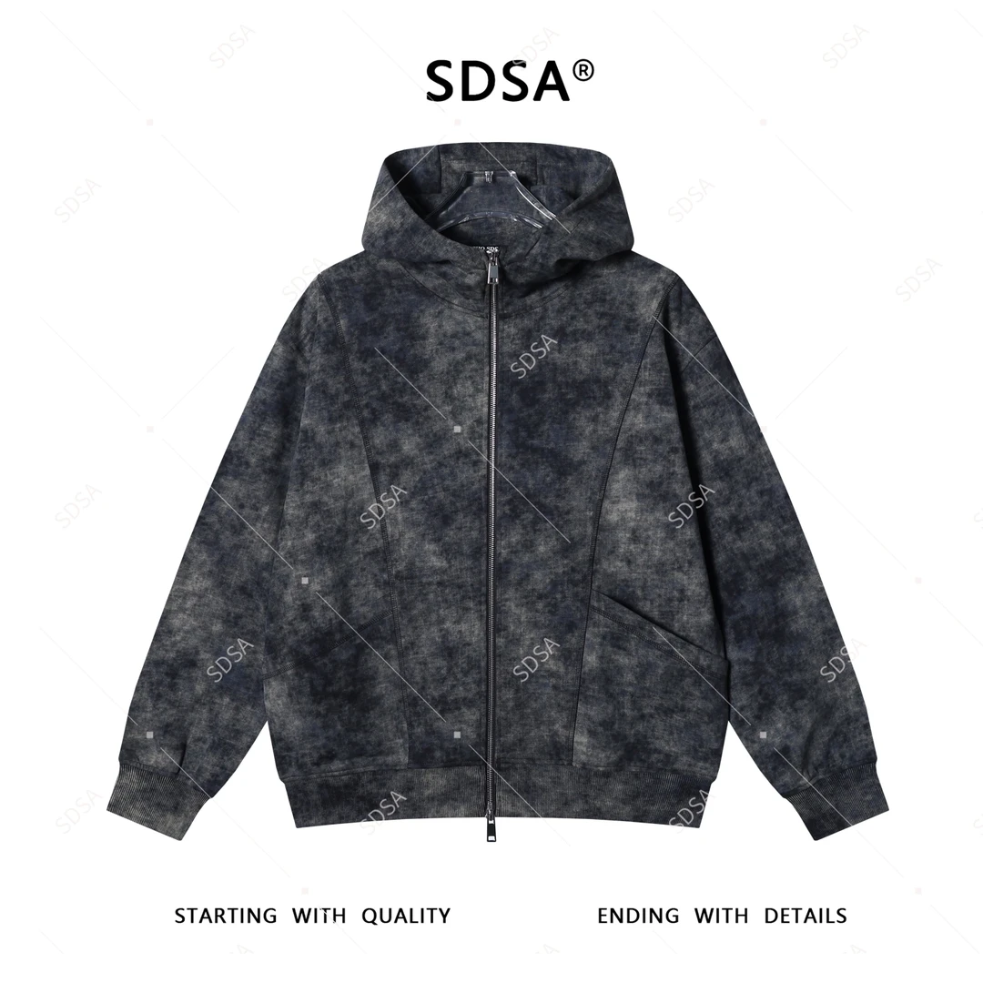 SDSA男士2025新款轻奢痞帅男装扎染明线立领拉链连帽卫衣百搭时尚